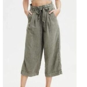American Eagle Green Paper Bag Cropped Wide Leg Pants 14 Belted Boho Baggy Loose